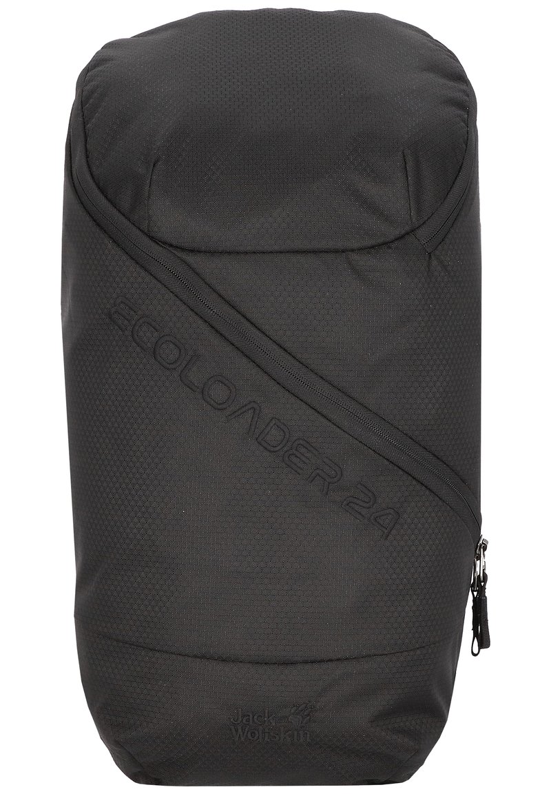 Schwarzer Stoffrucksack mit glatter Textur, ausgestattet mit einem diagonalen Reißverschluss und geprägtem "ECOLOADER 24"-Logo. Kompaktes, elegantes Design.
