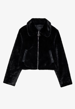 Black faux fur cropped jacket with a classic collar, zip closure, and two side pockets featuring satin accents. Soft texture and smooth finish.