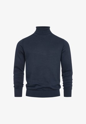 Pulover cu guler înalt de culoare bleu marin, realizat dintr-un material tricotat moale. Dispune de mâneci lungi și detalii ribbate la guler și manșete.