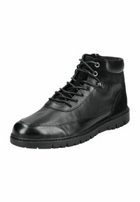 Zwarte leren halfhoge schoenen met een gestructureerde afwerking, ronde neus, vetersluiting en stevige rubberen zool met een grippatroon.