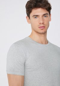 Camiseta de manga corta color gris claro, hecha de una tela suave, con un cuello redondo clásico y un diseño ajustado. Textura sutil visible.