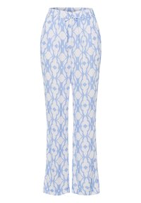 Patroonbroek met een elastische tailleband, gemaakt van lichtgewicht stof. Het ontwerp heeft een blauw-wit geometrisch patroon en een uitlopende pijp.