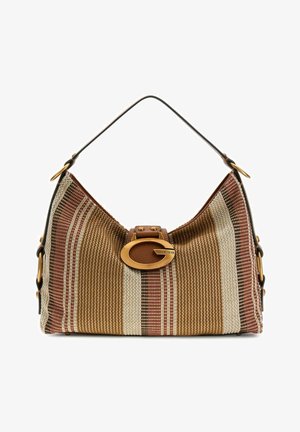 Brown and beige striped shoulder bag with gold "Guess" logo clasp and leather handle, medium-sized and structured design.