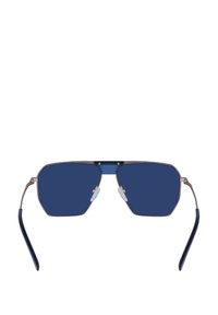 Occhiali da sole con lenti ottagonali di colore navy, sottile montatura in metallo color oro rosa, naselli regolabili e stanghette di colore blu scuro.