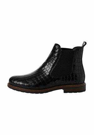 Schwarzer Chelsea-Boot aus glänzendem, krokodilgeprägtem Leder, mit elastischen Seitenpanels, einer Zuglasche und einer kontrastierenden braunen Sohle.