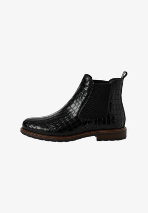 Schwarzer Chelsea-Boot aus glänzendem, krokodilgeprägtem Leder, mit elastischen Seitenpanels, einer Zuglasche und einer kontrastierenden braunen Sohle.