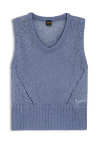 Hellblaues ärmelloses Stricktop mit tiefem V-Ausschnitt, strukturierter Stoff, gerippter Saum und seitlichen Cut-out-Details. Logo auf der Vorderseite gestickt.