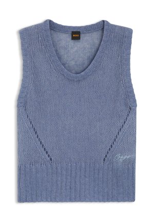Light blue sleeveless knit top with a deep V-neck, textured fabric, ribbed hem, and side cut-out details. Logo embroidered on the front.