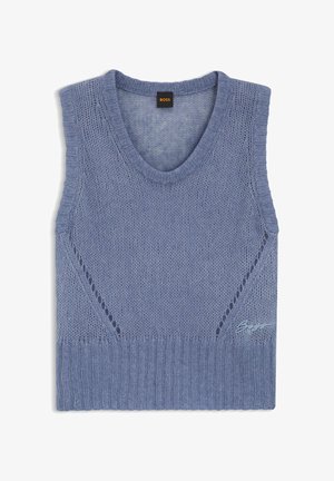 Hellblaues ärmelloses Stricktop mit tiefem V-Ausschnitt, strukturierter Stoff, gerippter Saum und seitlichen Cut-out-Details. Logo auf der Vorderseite gestickt.