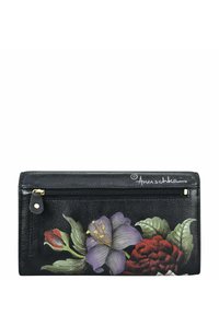 Zwarte lederen portemonnee met bloemmotieven in paars en rood, een ritsvak en gouden hardware accent. Glad oppervlak en rechthoekige vorm.