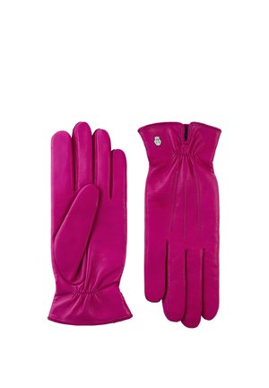 Pair of magenta leather gloves, one showing palm side and the other showing back with small silver emblem on wrist.
