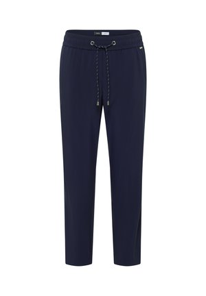 Pantalones jogger azul marino hechos de un tejido ligero, con una cintura elástica y un cordón, y dos bolsillos laterales.