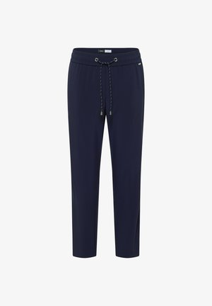 Navy blue juoksuhousut, jotka on valmistettu kevyestä kankaasta. Housuissa on joustava vyötärö, jossa on nauhakuja ja kaksi sivutaskua.