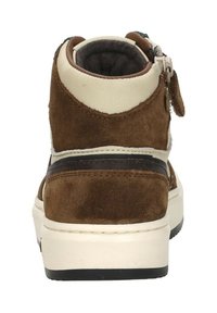 Bruine suede hoge schoen met crème accenten en een donkerbruine streep. Voorzien van een rits aan de zijkant en een gestructureerde witte zool.