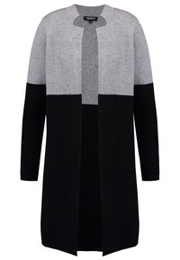 Langer Cardigan im Colorblock-Design mit grauen und schwarzen Abschnitten. Hergestellt aus weichem, strukturiertem Stoff mit offenem Vorderteil und rundem Kragen.