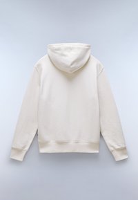 Kremowa bluza z kapturem i sznurkiem do regulacji, z prążkowanymi mankietami i dołem. Gładka faktura i minimalistyczny design, pokazana z tyłu.