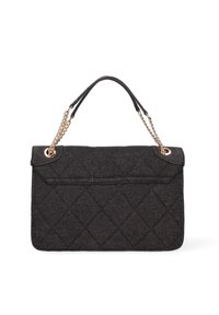 Borsa a tracolla in tessuto trapuntato nero con catena e dettagli in tonalità oro. Forma rettangolare con chiusura a pattina e senza motivo visibile.