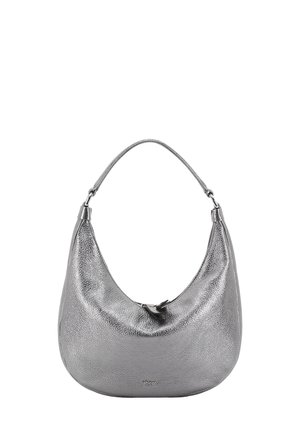 Graue Leder-Hobo-Tasche mit einer weichen, geschwungenen Form, feiner Narbenstruktur und einem einzelnen Schulterriemen. Verfügt über einen Reißverschluss und Logo-Details.