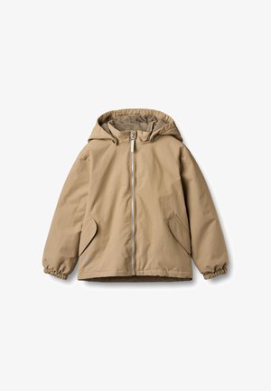 Giacca beige con cappuccio, cerniera frontale, polsini elastici e due tasche laterali; tessuto liscio con una texture sottile.