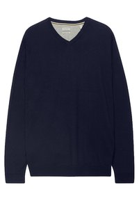 Navy v-neck sweater made of soft fabric with long sleeves, ribbed cuffs and hem, and a subtle interior tag for sizing.