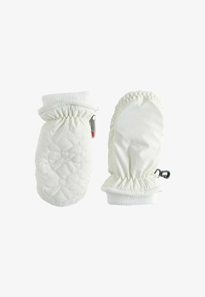 Bele zimske rokavice z elastičnimi manšetami, z gladko teksturo, dekorativnim cvetličnim vzorcem in majhnim sponko za pritrditev.