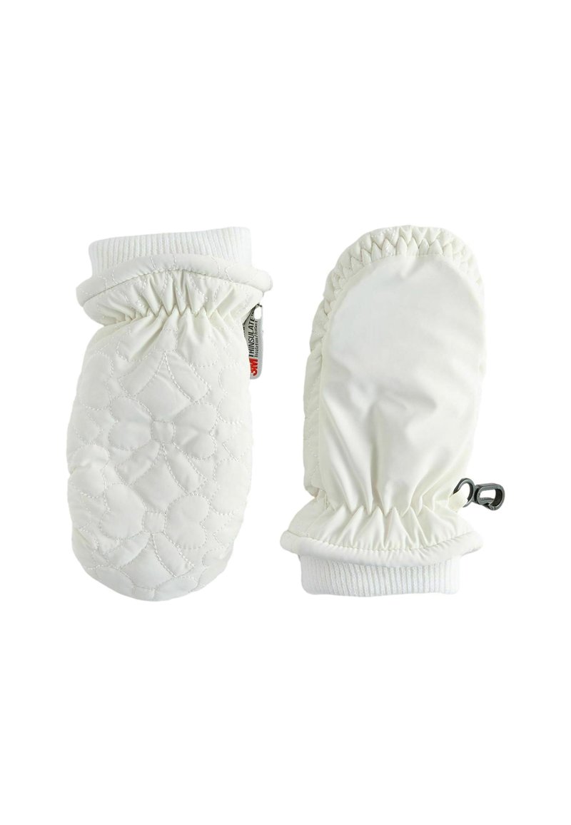 White quilted mittens with elastic cuffs, featuring a smooth texture, a decorative floral pattern, and a small clip for attachment.