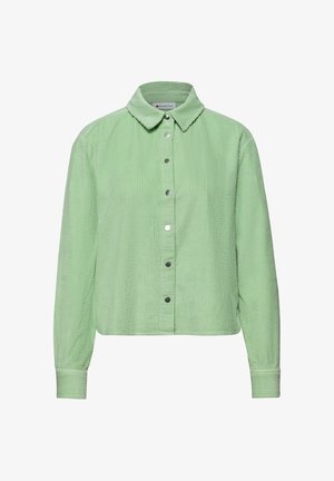 Vaaleanvihreä korduroy-nappitakki, jossa pitkät hihat, terävä kaulus ja metalliset painonapit edessä.
