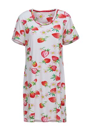 Weißes Kurzarmkleid mit rotem Erdbeer- und rosa Blumenmuster, rundem Ausschnitt, lockerer Passform.