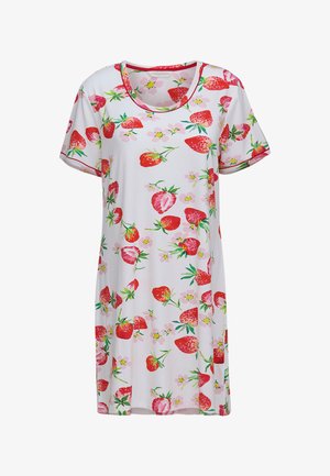 Weißes Kurzarmkleid mit rotem Erdbeer- und rosa Blumenmuster, rundem Ausschnitt, lockerer Passform.