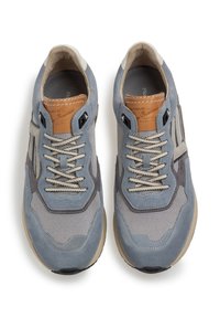 Blaue Wildleder- und Mesh-Sportschuhe mit beigen Akzenten. Dicke Sohlen, ausgeprägtes Schnürsystem und Leder-Branding-Detail auf der Zunge.