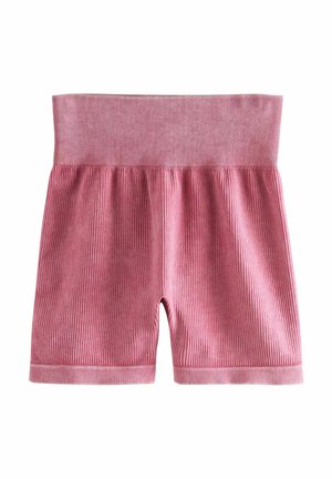 Lyserøde ribstrikkede shorts med elastisk taljebånd, der har en blød tekstur og diskrete lodrette striber. Længden når til midt på låret.