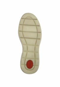 Suola della scarpa in gomma crema con scanalature testurizzate. Presenta un accento circolare rosso etichettato "Comfort". Forma arrotondata e bordi lisci.
