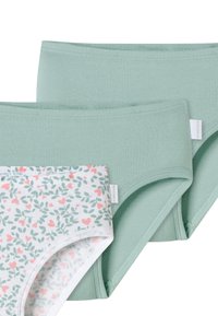 Three pairs of women's underwear: two solid light green pairs and one white pair with a floral pattern in pink and green accents.