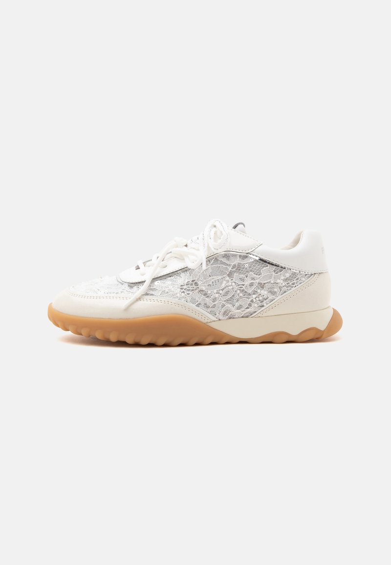 Baskets blanches en dentelle et cuir avec semelle en gomme et lacets blancs, visibles de côté sur un fond clair uni.