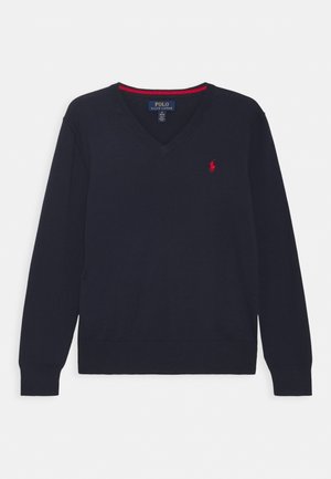 Marineblauer V-Ausschnitt Pullover mit langen Ärmeln, rotem Polo Ralph Lauren Logo-Stick auf der Brust sowie gerippten Bündchen und Saum.