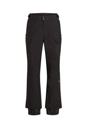 Pantaloni cargo neri realizzati in tessuto resistente, con numerose tasche, taglio dritto, vita regolabile e polsini elasticizzati alle caviglie.