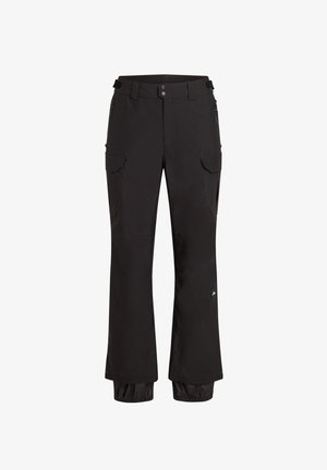 Black cargo pants made of durable fabric, featuring multiple pockets, a straight cut, adjustable waistband, and elastic cuffs at the ankles.