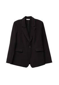 Blazer noir en tissu texturé, avec un col cranté, une fermeture à un bouton et deux poches à l'avant. Coupe ajustée avec de longues manches.