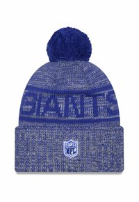 Strickmütze in Blau und Grau mit einem Bommel oben, mit NFL-Logo und einem gemusterten Bündchen. Weiches, strukturiertes Material.