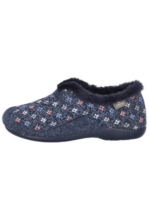 Zapatilla azul marino con patrón de punto multicolor, forro de felpa y suela negra, diseñada para comodidad y calor en interiores.