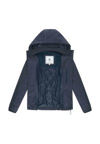 Veste à capuche marine avec fermeture à glissière intégrale, dotée d'une poche intérieure et d'une doublure à motifs. Poignets élastiques et ourlet avec cordon de serrage.