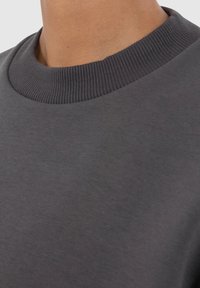 Felpa grigia con colletto rotondo a coste, caratterizzata da una texture liscia e un design semplice. Nessun motivo o dettaglio visibile.