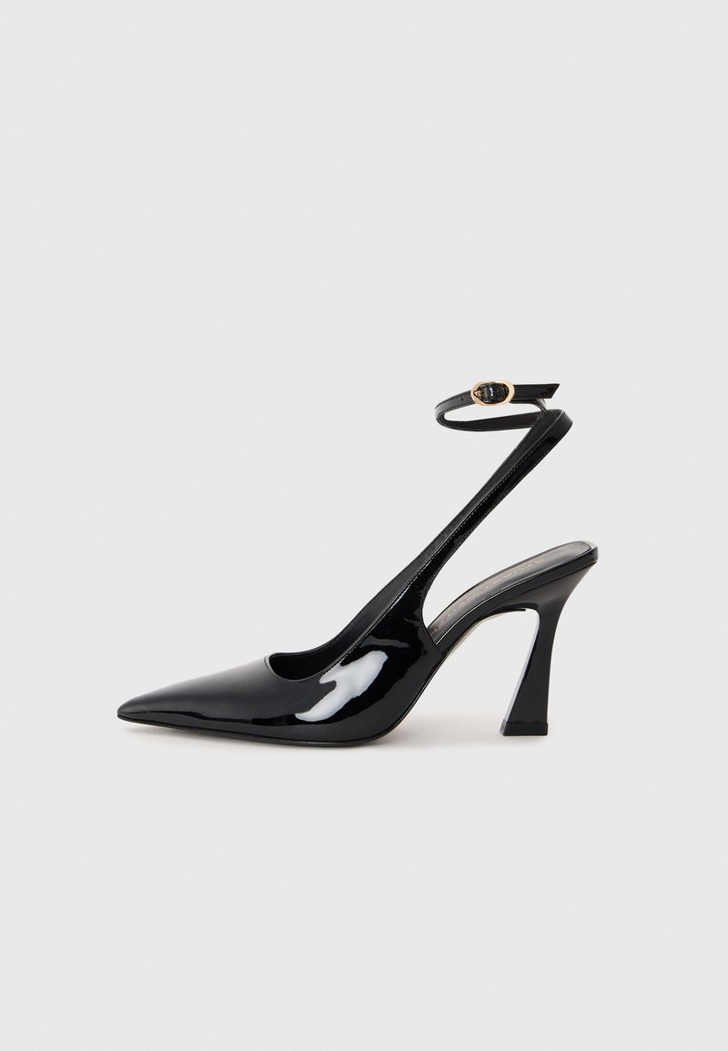 Black patent leather slingback high heels with a pointed toe, adjustable ankle strap, and a moderate block heel. Smooth texture with glossy finish.