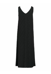 Longue robe noire sans manches avec un col en V et un motif texturé subtil, tombant droit jusqu'au sol.