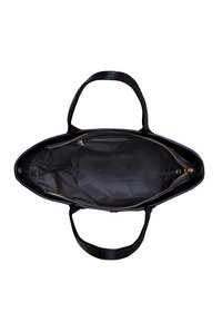 Sort læder tote taske med glat overflade, lynlåslukning og hardware i guld-tone. Interiøret har en mørk foring og opbevaringslommer.