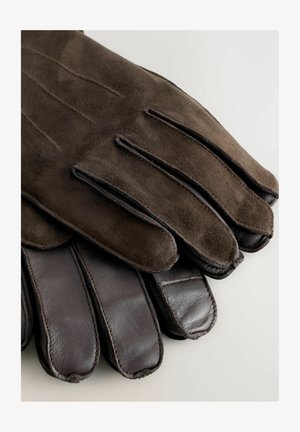 Brown leather gloves stacked with a suede upper and leather palms, featuring stitched seams and a smooth texture throughout.