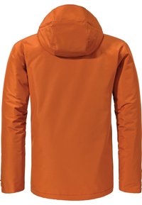 Veste imperméable orange avec capuche, présentant une texture lisse, des manches longues et une coupe droite, conçue pour une utilisation en extérieur.