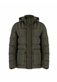 Olijfgroene pufferjack met capuchon, voorzien van een verticale gestikte lijn, voorste drukknoopsluiting en twee voorzakken. Glad van textuur.