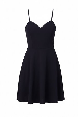 Fekete ujjatlan ruha vékony pántokkal, testhezálló felsőrésszel, szív alakú nyakkivágással és térd felett végződő bővülő szoknyával.