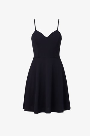 Fekete ujjatlan ruha vékony pántokkal, testhezálló felsőrésszel, szív alakú nyakkivágással és térd felett végződő bővülő szoknyával.